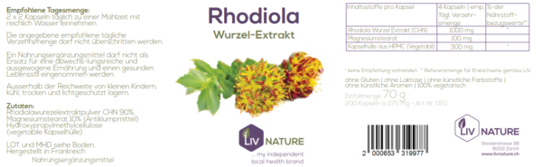 LivNature Rhodiola – Rosenwurz Extrakt 200 Kapseln à 250mg – Bild 2